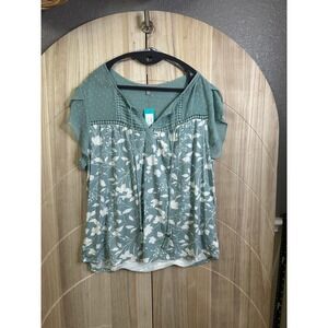 Daniel Rainn XL Turquoise Floral Print Flutter Sleeve Tassel Knit Top